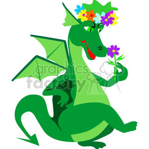 The clipart image shows a whimsical green dragon with a wreath of colorful flowers on its head. The dragon appears to be smiling and holding a flower in its claw, suggesting a friendly or playful nature.