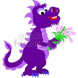 The clipart image features a cartoon-style depiction of a friendly-looking purple dragon. The dragon is standing upright, smiling with its tongue out, and holding a bunch of flowers with a gentle grip in one of its claws. It has violet scales along its back and a lighter purple belly, with a tail that curls at the end. The dragon's eyes are large and expressive, adding to its playful charm.