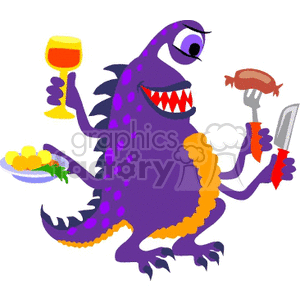 The clipart image features a stylized cartoon dragon that is purple with orange accents. The dragon is depicted in a festive and humorous manner, standing upright like a human. It has a big smile with sharp teeth, one eye closed in a wink, and is holding a glass of wine in one hand and a sausage on a fork in the other, with a plate of what appears to be fruit in the third hand, indicating it's a magical creature with multiple limbs. 