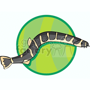 The image is a stylized cartoon clipart of an eel. The eel has a beige body with dark brown spots and a lighter underside, and is set against a circular background with green and yellow stripes.