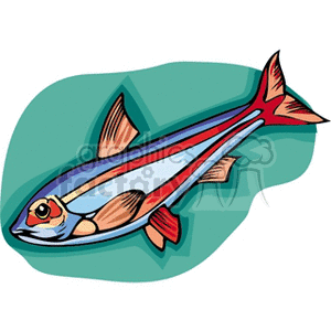 The clipart image depicts a colorful, stylized fish with a long, streamlined body and distinctive fins. The fish features a combination of bright colors such as red, blue, and white, which suggest it may represent a tropical or exotic species often found in warmer ocean waters.