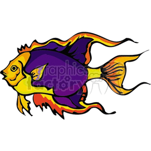 The clipart image depicts a stylized tropical fish with vibrant colors. It features prominent fins and a bold combination of purple, yellow, and orange hues.