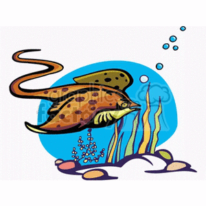 The clipart image depicts a stylized scene of underwater life featuring exotic, tropical fish. There are two fish with patterns that could represent a stingray with its long tail and a spotted fish, possibly meant to represent a species such as a grouper. The backdrop includes aquatic plants, bubbles, and rocks, suggesting a vibrant ocean floor habitat.