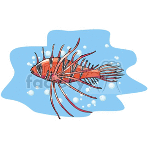 The clipart image features a stylized representation of a tropical fish with elongated fins and stripes. The fish is depicted in shades of red and white, with accents of black around the face and fins. It appears to be swimming underwater, with bubbles surrounding it, suggesting an aquatic habitat typical of tropical or exotic fish species.