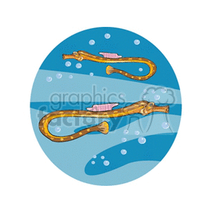 This clipart image features two stylized, animated pipefish, which are related to seahorses, swimming in the water with bubbles around them. Both pipefish seem to be swimming in a dynamic, serpentine fashion, with a small, simplistic representation of a fish habitat that suggests a tranquil underwater scene.