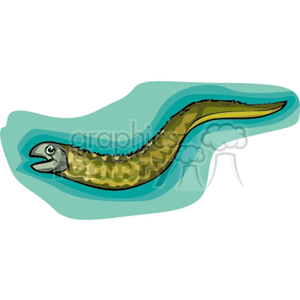This clipart image features a cartoonish illustration of a green eel with a lighter underbelly and darker back, drawn over a backdrop of blue water to suggest its aquatic habitat.