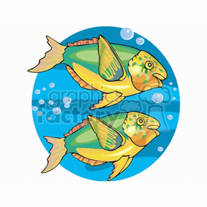 The clipart image features two stylized, colorful tropical fish. The fish are illustrated with vibrant hues of yellow, green, and orange, and are set against a backdrop of blue water with bubble accents, suggesting an underwater environment.