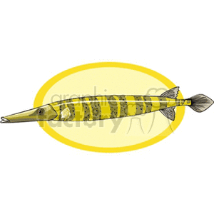 The image features a clipart illustration of a yellow and black striped eel-like fish with a long, slender body and a pointed snout, set against an oval yellow background.