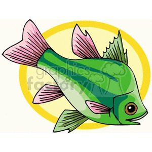 The clipart image displays a colorful tropical fish. The fish has a combination of green and pinkish hues on its body, with prominent fins and tail, and a visible eye. The background consists of a yellow and white concentric circle, giving the impression of the fish swimming in front of a stylized sun or spotlight.