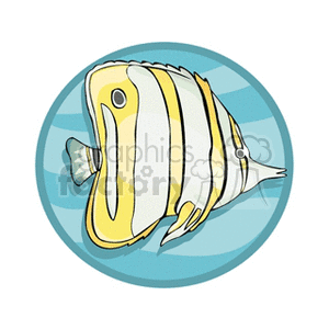 The clipart image depicts a stylized, cartoon-like drawing of a tropical fish. The fish has bold, alternating vertical stripes that are likely intended to represent the pattern commonly seen on many species of tropical fish, such as those found near coral reefs. It has a distinctive, exaggerated facial feature that gives it character, and it's set against a simple, pale blue circular background, possibly suggesting water.