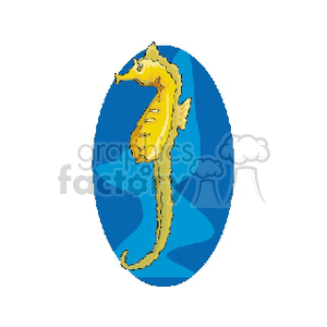 The clipart image shows a yellow seahorse with a blue background. The seahorse appears to be in a side profile view, with its characteristic curved tail and horse-like head prominently displayed.