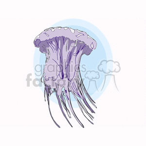 This clipart image depicts a stylized jellyfish with a rounded bell and trailing tentacles against a pale blue background. It features shades of purple and blue, capturing the jellyfish's ethereal and delicate nature.