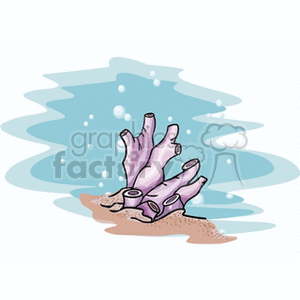 The clipart image features a piece of purple coral on sandy seabed with a light blue water background that has bubbles.
