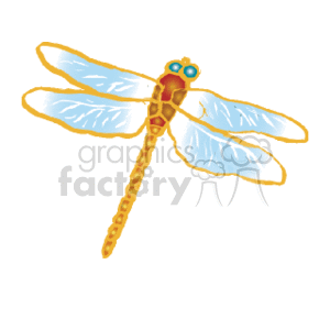 The image is a clipart of a dragonfly. It features a stylized representation of a dragonfly with translucent blue wings, an elongated yellow-orange body, and large blue eyes. The dragonfly appears to be in flight, and the image captures the thin, delicate structure of its wings and segmented body, which is characteristic of these insects.