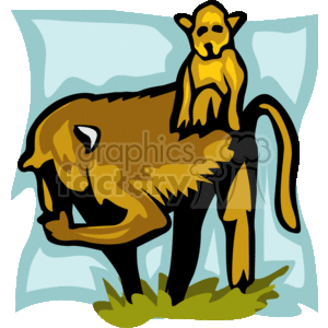 This is a stylized clipart image featuring two monkeys. The larger one appears to be an adult, depicted in profile as standing or walking on all fours, while the smaller one, which appears to be a young monkey or infant, is seated on the adult's back. Both monkeys are rendered in a simplified and cartoonish style with a limited color palette, predominately in shades of yellow and brown, against a background that includes blue, suggestive of the sky. The image abstractly conveys a scene perhaps from a jungle or natural habitat where such animals might reside.