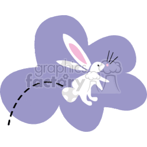 The image features a simple, stylized illustration of a white rabbit with pink inner ears. The rabbit appears to be in mid-leap or perhaps hopping, and there is a dynamic line, suggestive of motion, trailing behind it. The rabbit is placed on top of a larger purple flower-like shape with a dashed line encircling part of the flower. The background is transparent. This type of image might be used for themes related to Easter, springtime, or to generally represent rabbits.