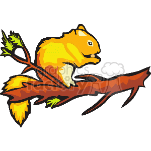 The image is a clipart of a squirrel. The squirrel is sitting on a branch, which is adorned with a few leaves. This stylized graphic representation features the squirrel in an alert posture with characteristic bushy tail and prominent ears, typical of many squirrel species. The use of bright colors gives the image a vibrant and cheerful look.