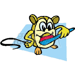 This clipart image features a cartoon mouse standing on all fours on a small blue mat, holding a toothbrush with its front paws, and brushing its teeth. The mouse appears to have an exaggerated expression of diligence or enthusiasm as it performs this act of personal hygiene.