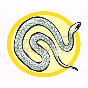 The clipart image depicts a stylized cartoon snake with a patterned body, coiled against a yellow circle background.