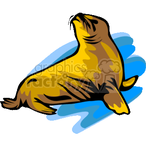 The clipart image depicts a stylized seal with a yellow and brown coat, appearing to be in a dynamic pose as if it's going through water, which is represented by blue wavy lines beneath it. 