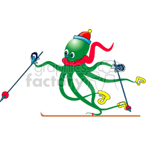 This is a whimsical clipart image featuring an octopus wearing a red hat with a green pom-pom. The octopus is skiing and appears to be having a good time. It is using four pairs of skis and ski poles, a playful take on how an octopus might engage in winter sports with its eight tentacles. The octopus also has a big smile on its face, adding to the fun and lighthearted nature of the image.