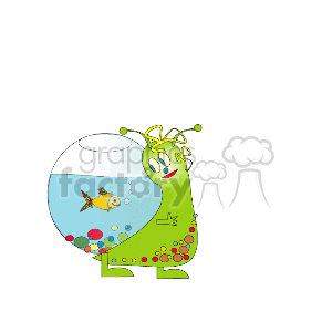 This clipart image features a stylized, cartoon-like depiction of a snail with a fishbowl for its shell. Inside the fishbowl, there's water, colored pebbles, and a single orange fish with stripes. The snail has a green body and its eyes are on stalks that extend from its head. There are also bubbles around the fish, indicating that the water is oxygenated. The overall image is whimsical and playful, combining elements of aquatic and terrestrial life in a fun and imaginative way.