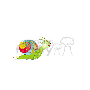 The clipart image depicts a colorful stylized snail. The snail has a spiral shell with various bright colors, such as red, yellow, and blue. Additionally, the snail's body is green with splashes of different colors that could represent a playful, artistic design. There's a sense of motion and vibrancy in the image, which aligns with the keywords suggesting a lively or active theme.