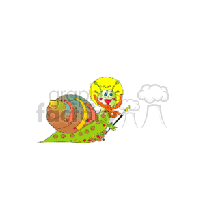 The image is a colorful cartoon clipart depicting a cheerful snail. This snail has a brown and orange shell with green and yellow patterns. The snail's body is lime green with red spots, and it has a happy face with a big smile, rosy cheeks, and large, expressive eyes. The snail is carrying a paint brush. The whole scene is playful and whimsical, designed to invoke a sense of joy and humor.