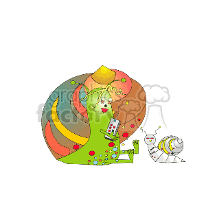 This is an animated clipart image featuring two stylized snails. The larger snail is brightly colored with green skin and a rainbow-hued shell. Its shell is adorned with various colorful patterns and spots. The smaller snail beside it has a white metallic looking body and a simple shell with spiral patterns. This depiction of snails with human-like characteristics and accessories is whimsical and fantastical in nature.