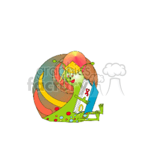 This is a playful and colorful clipart illustration of a snail. The snail's shell features a swirl of bright, rainbow-like colors, and the snail itself has a cartoonish face with eyes on stalks and a smiling mouth. The snail is holding a scrap book. The overall scene is fantastical and whimsical, as it anthropomorphizes the snail with human-like activities.