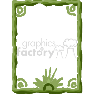 The image portrays a green clipart border or frame with decorative elements at its corners and the bottom center. It provides an ample white central area meant to serve as a space for text, images, or any other content to be added within the frame. The design is simplistic, which gives it a casual and playful character. The decorative elements seem organic, resembling shapes that could be interpreted as leaves or abstract floral patterns.