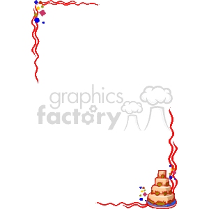 The clipart image displays a decorative border or frame that is themed for a birthday party. At the top left corner, there is a confetti cannon releasing colorful confetti and some streamers in red and blue. Along the left side, a red serpentine streamer runs down the length of the border. At the bottom right corner, there is a multi-tiered birthday cake with candles on it, further adorned with more confetti and a single blue streamer running along the bottom edge. The elements in the image are festive and capture the joyous atmosphere typically associated with birthday celebrations. The center of the image has ample space, making it suitable for inserting text or other content when creating invitations, greetings, or announcements related to birthday parties.