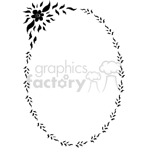 The image contains an oval floral border design in black and white. The design features a stylized flower with leaves at the top center, and the oval border is made up of a series of smaller leaf-like motifs that create a decorative frame. The center of the oval is blank, leaving space to be filled with text or other content. This type of clipart is often used for invitations, stationery, or decorative purposes.