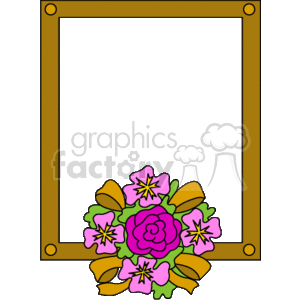 The clipart image displays a decorative frame with a floral motif at the bottom. The frame is primarily rectangular with solid borders and has corner accents that resemble rivets or screws. At the center of the bottom border, there's a bouquet of stylized flowers. The central flower appears to be a large pink bloom, possibly intended to be a rose or a rhododendron, surrounded by smaller pink flowers with yellow centers, which could also be interpreted as rhododendrons or another type of flower. Additionally, there are green leaves interspersed between the flowers. The middle of the frame is empty, indicating that it could be used to frame or highlight text, a picture, or any other content placed within it.