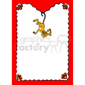 This clipart image features a decorative border in red with playful elements at its corners resembling flowers or multi-colored paw prints. Inside the border is a black background with wavy edges and a cartoon-style monkey depicted in yellow with brown outlines. The monkey appears to be hanging by its tail and reaching out with its limbs, with a cheerful expression on its face. The overall design suggests a fun, whimsical theme, possibly for a playful or child-friendly document or invitation.