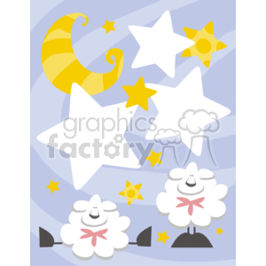 The clipart image features a whimsical night scene with two cartoon sheep that have a cheerful appearance. One sheep is standing while the other is lying down, and both have pink bows around their necks. Surrounding them are various celestial symbols – a yellow crescent moon with a swirl pattern, stars of different sizes and shapes, and a stylized sun with a face. The background has shades of blue, possibly representing the night sky. This image likely aims to evoke a sense of calm and could be used for decorative purposes, especially in a child's room or for materials related to bedtime or nursery rhymes.