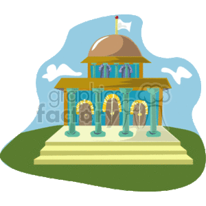 This clipart image features an illustration of a building resembling a capitol or a government building. The building has a central dome and is supported by columns. There are arched windows, and it is situated on a green base which could represent grass or lawn. The structure is depicted in a simplified and stylized manner, typical of clipart. It is set against a backdrop with a few clouds, suggesting a clear day.
