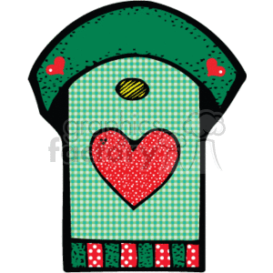 This clipart image features a stylized country-style birdhouse. The birdhouse has a green roof with a decorative edge that appears to have red heart accents. The front wall of the birdhouse is adorned with a large red heart in the center, set against a green and white checkered background pattern. There's a round entrance hole near the top of the birdhouse, represented as a simple black circle. The base of the birdhouse is decorated with a red and white polka dot pattern. The overall design conveys a quaint and whimsical aesthetic often associated with country-style decorations.