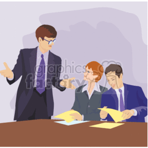 The clipart image depicts a business meeting setting with three individuals who appear to be discussing work-related matters. On the left, a man is standing and gesturing with his hands, possibly presenting or explaining a point. In the center, a woman is seated, looking up towards the man with an attentive expression. On the right, another man is seated and is actively writing notes on a piece of paper. They are all dressed in professional attire, which suggests a formal business environment. The overall scene conveys a sense of collaboration and discussion, typically associated with corporate meetings, financial reviews, or strategizing sessions.