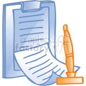 The clipart image displays a set of items commonly associated with office work or formal agreements. There's a clipboard with what appears to be a document or paperwork attached to it, and next to the clipboard stands a fountain pen, which might imply the signing of documents or the undertaking of some administrative tasks. The overall theme of the image definitely suggests business or legal work, with an emphasis on agreements or contracts given the presence of the pen, which is often used for signatures.