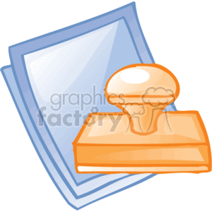 The image depicts a stack of blue-tinted clear documents alongside an orange rubber stamp with a wooden handle. The clipart represents items commonly used in an office or business setting for reviewing, approving, and processing paperwork.