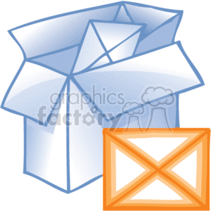 The image shows a stylized representation of an open cardboard box with several envelopes inside it. The envelopes appear to be of various sizes, indicating a range of correspondence or packages. This clipart is likely used to symbolize office supplies related to mailing, shipping, and business communication. It conveys the concept of sending or receiving mail and packages in a business or office setting.