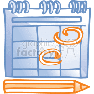 The image depicts a stylized, cartoon-like clipart of business office supplies focused on time management and scheduling. It features a calendar with spiral binding at the top, showing a grid that could represent days of the week or month, with two dates marked or circled. Below the calendar, there is a pencil pointing upwards, implying that it might be used for making entries or annotations on the calendar. The elements in this image are often associated with planning, appointments, and staying organized in a business or office setting.