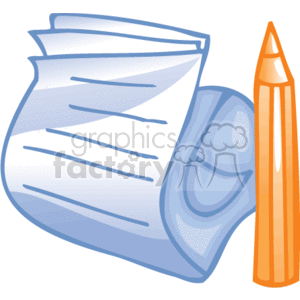 The clipart image shows a stack of documents or papers with some text lines, which seem to be rolled or folded slightly, indicative of paperwork or documents which might be used in a business or office context. Next to the documents is a pencil, which could be used for writing or editing the documents. Overall, this image represents business or office supplies that are commonly associated with work, such as preparing or signing contracts and documents.