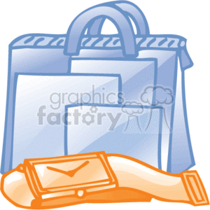 This image features a set of typical business office supplies. It includes a blue briefcase, several documents or folders, and an orange wristwatch. These items are often associated with work and organizational tasks in a professional setting.