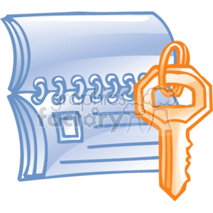 The clipart image shows a spiral-bound checkbook with a few lines and a square on it, suggesting that it is perhaps used for financial or accounting purposes. Alongside the checkbook, there is a single golden-colored key. The overall theme of the image suggests business or office work, with items typically used for managing finances and security.