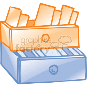 This clipart image shows an open filing cabinet drawer with several folders holding documents or files inside. The drawer is depicted as being part of a business or office environment, symbolizing organization, storage, and management of paperwork and important documents. The top drawer is orange and partially open, revealing the folders, while the bottom drawer is blue and closed.