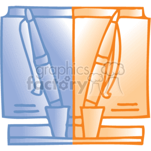 The clipart image shows stylized representations of business office supplies. On the left, there is a depiction of hanging file folders, typically used for organizing and storing documents. On the right side, there is an illustration of a fountain pen, which is often associated with business or formal writing. The background appears to be split into two color blocks, blue behind the folders and orange behind the pen, likely to provide contrast and emphasize the items. This image is commonly used to represent paperwork, document management, and office work.
