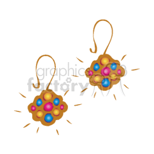 The clipart image shows a pair of colorful, round earrings with multiple beads or gems in red, blue, and yellow colors, hanging from gold hooks.