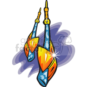 The clipart image depicts a pair of dangling gold earrings. Each earring features a rod-like structure connecting to a triangular jewel with blue and orange gemstones, which gives off a shiny appearance suggestive of reflected light. The earrings are presented with a shadowy background, indicating they are hanging, possibly to suggest movement or to give a 3D effect.